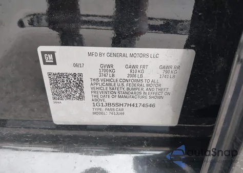 2017 Chevrolet Sonic Ls Auto z USA, uszkodzony, nr VIN 1G1JB5SH7H4174546